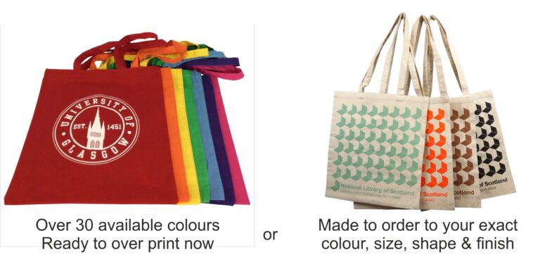 Colourful range of cotton 5oz shopping bags and made to order printed cotton shoppingb bags