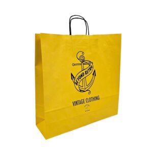 Beyond Retro white kraft carrier printed 100_ yellow and black with black paper twist handles