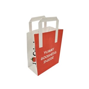 Cairnie Fruit Farm kraft carrier bag with paper tape handles printed red