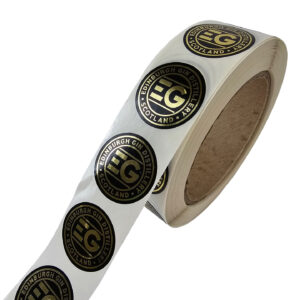 Edinburgh Gin 30mm black gloss with hot foil stickers on a roll