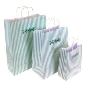 LINA STORES Twisted Paper Handle Carrier Bags set of 3 sizes White Kraft Printed Green and black