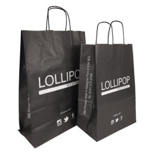 LOLLIPOP Paper Twisted String handle Carrier Bag duo white kraft priinted 100_ black