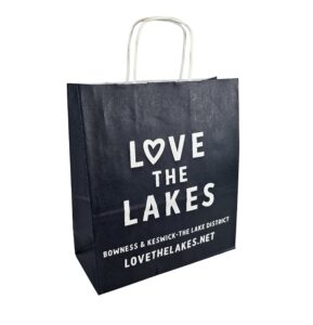 LOVE THE LAKES White Kraft Twisted Paper Handle Carrier Printed Dark Blue Pantone