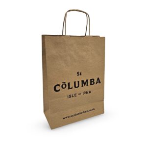 ST COLUMBA LARDER Paper Twisted String Handle Carrier Bag 100gsm Brown Kraft Printed Black