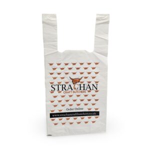 STRACHAN BUTCHERS Recycled Foodgrade HDPE Vest Carrier Bag Printed 2 colours