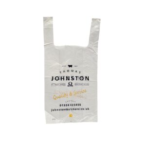 THOMAS JOHNSTON BUTCHERS White foodgrade recycled HDPE Vest Style Carrier Bag printed 2 colour