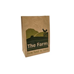 The farm butcher and grocer brown paper SOS bags no handles, printed 2 sides and 2 colours light green and dark green