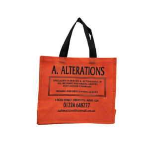 A Alterations NWPP Carrier Bag Bright orange with black print and Black handles