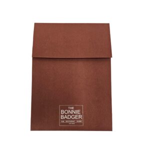 Bonnie Badger brown presentation folder with ribbon slots and silver foil print