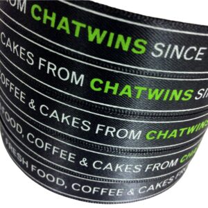 CHATWINS Black Satin Ribbon with green and white print