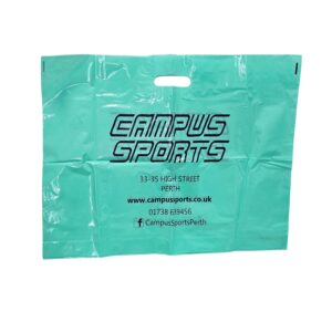 Campus Sports LDPE glued patched handle carrier bags printed 1 ink colour 2 sides dark blue
