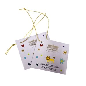 Chatsworth Gift tags with punched holes printed CMYK with gold string