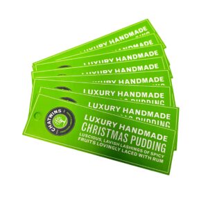 Chatwins green gift tag with punched holes and logo and white print