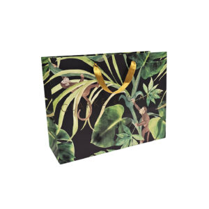 Clarke monkey and leaf laminated luxury laminated carrier with Gold foil print and gold rope handles