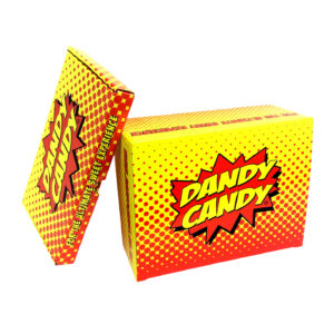 DANDY CANDY group pic of two Mailing Boxes printed yellow, red and black (1)