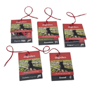 Dogrobes collated tags with punched hole and red cotton string printed CMYK