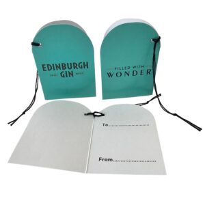 EDINBURGH GIN Gift Tags Folded in half with print on inside and outside teal colour and punched hole with black string