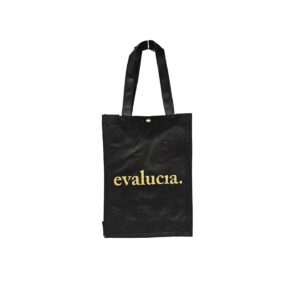 EVALUCIA Small NWPP Bag 90gsm Black Square Base with Self Loop Handles and Gold press stud Printed Gold
