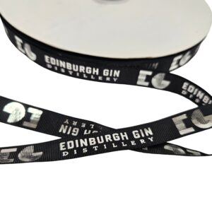Edinburgh Gin cross grain black ribbon printed sliver