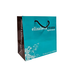 Elizabeth Evans lamianted gloss carrier with brown gussets side and brown rope handles