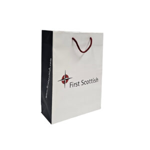 FIRST SCOTTISH White and Grey paper Kraft Red Rope Handle Carrier Bag