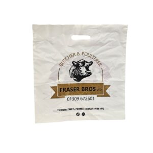 FRASER BROS White 30_ recycled content LDPE patched handle carrier bags branded