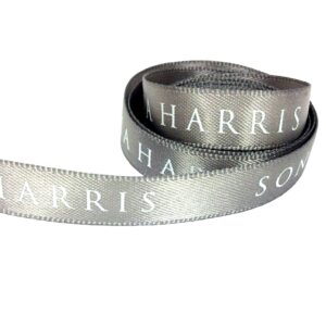 HARRIS Grey Satin Ribbon with white print