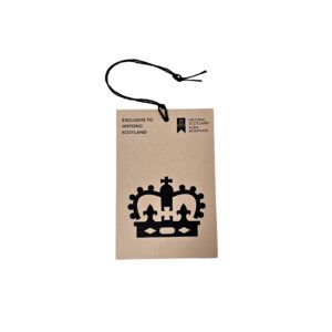 Historic scotland gift tag punched holes with black print and thin black cotton string
