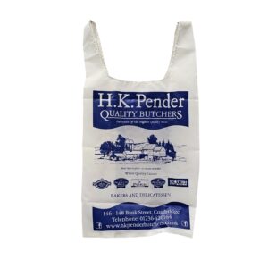 Hk Pender nylon vest style carrier bag blue and white
