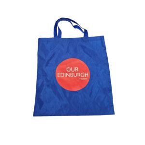 JP Morgan Nylon flat shopping bag with outer zipped pouch red and blue