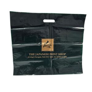 Japanese Print shop LDPE dark green Varigauge Carrier Bag printed metallic gold