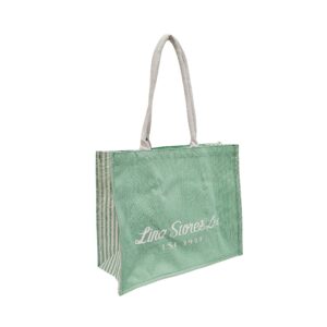 LINA STORES Juco Bag Stitch Dyed Green Juco Printed White Long White Cotton Stuffed Handles