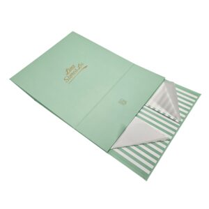 LINA STORES Magnetic Style flat packed collapsible box covered with Printed Green paper and Hot Foil gold print Matt Laminated