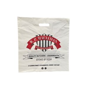 MACELMAN BUTCHERS White 30_ recycled content LDPE patched handle carrier bags branded