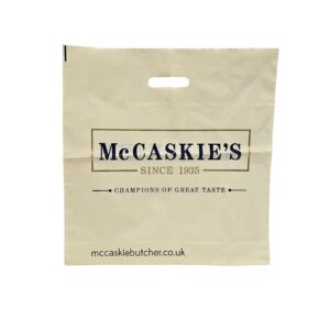MCCASKIE LDPE Patch Handle Bag Biopoly Ivory Printed Metallic Gold and Blue