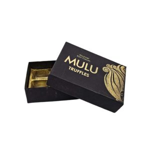 Mulu Gold and black rigid truffle box with 6 peice gold insert, printed gold foil
