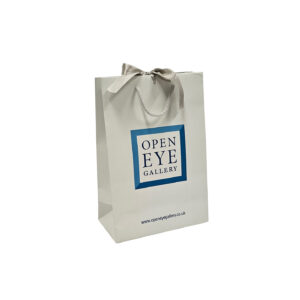 Open Eye gallery laminated gift bag with ribbon tie and rope handles