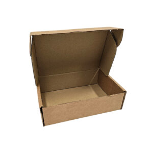 Plain brown corrugated mailing box with tuck in lid