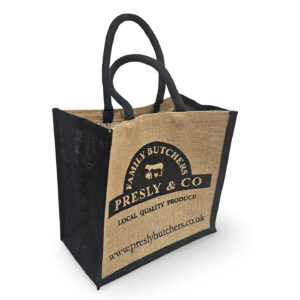 Presly & Co Natural Jute Bag with black printed sides and matching handles
