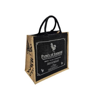 Pynes of Somer black laminated internally jute bag with short cotton stuffed handles