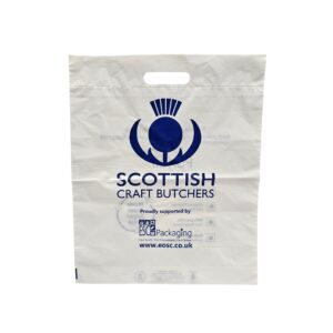 Scottish craft butchers sugar cane carrier bag printed blue with punched handle
