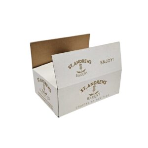 St Andrews bakery white corrugated box with gold print