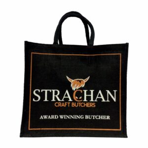 Strachan Butchers Internally laminated black Jute carrier bags Black trims and Handle