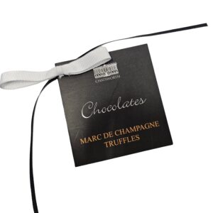 chatsworth chocolates gift tag printed black and orange and silver foil with grey and black ribbons