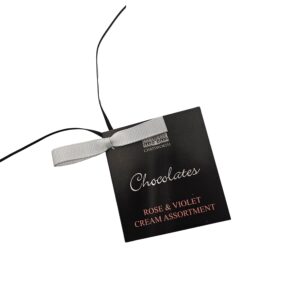 chatsworth chocolates gift tag printed black and pink and silver foil with grey and black ribbons