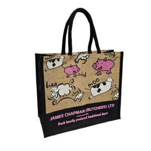 CHAPMAN BUTCHERS Jute Bag Laminated Natural Black with Cotton Stuffed Handles Printed Black White Orange & pink 2